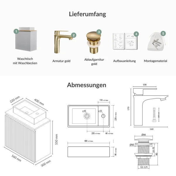 55-cm matte white sink, gold-brushed faucet and hardware set