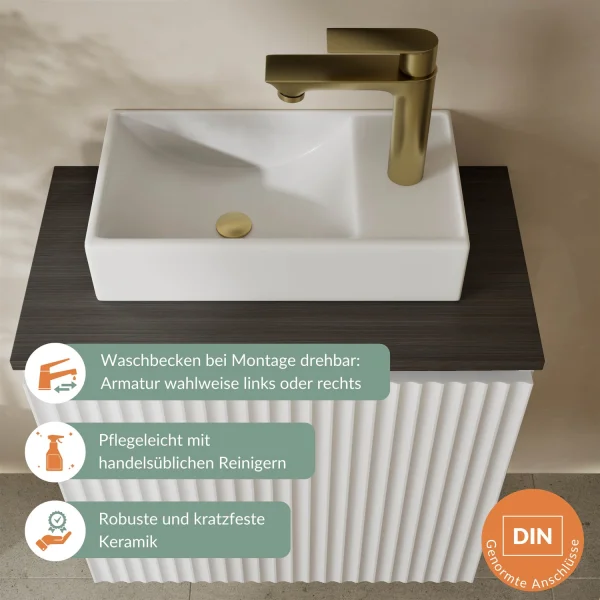 55-cm matte white sink, gold-brushed faucet and hardware set