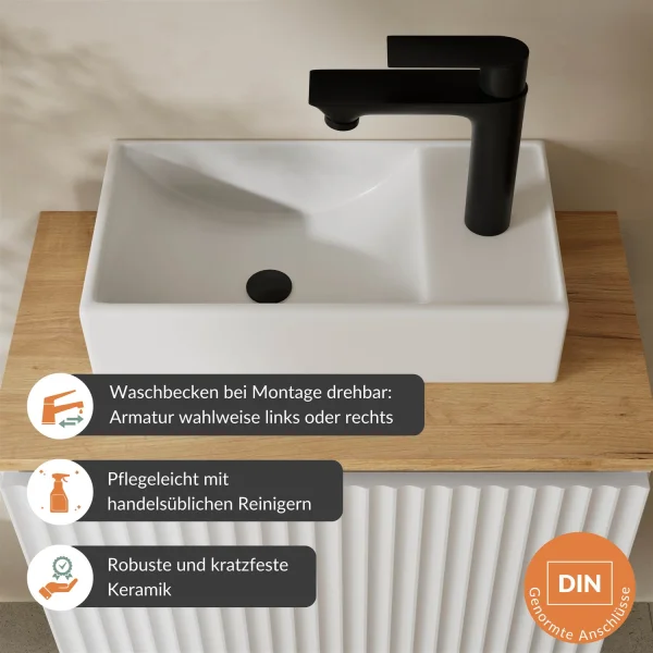 Lavabo de 55 cm en blanco mate, grifería y accesorios en negro mate