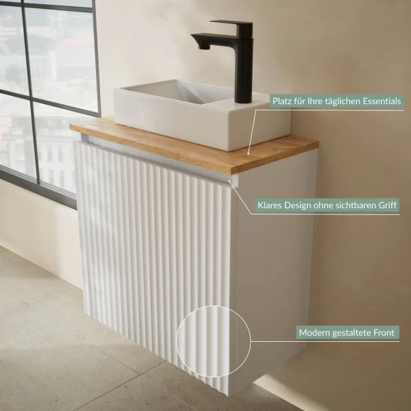 Lavabo de 55 cm en blanco mate, grifería y accesorios en negro mate