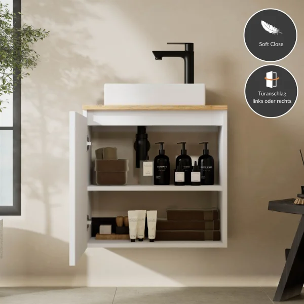 Lavabo de 55 cm en blanco mate, grifería y accesorios en negro mate