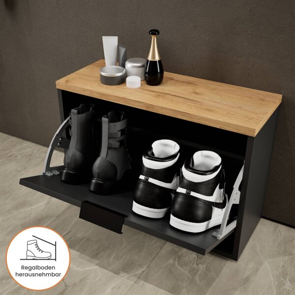 Schuhschrank STIVIO 1 Klappe Schwarz/Gold Eiche