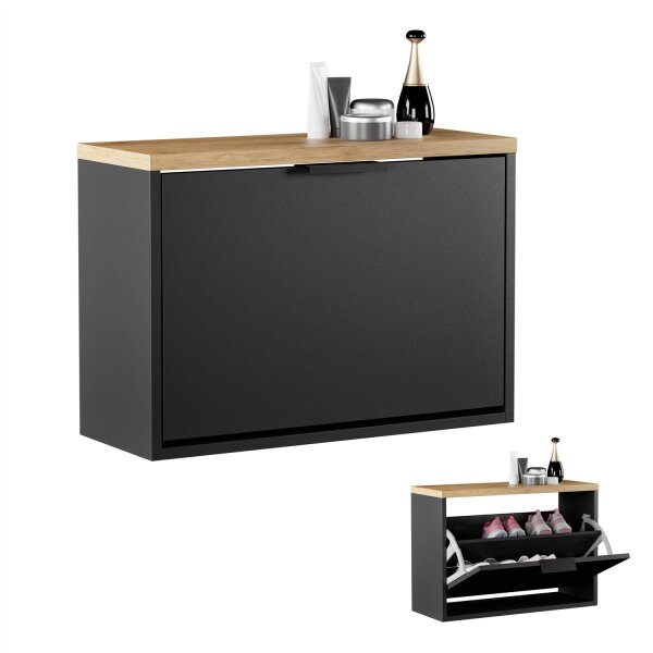 Schuhschrank STIVIO 1 Klappe Schwarz/Gold Eiche