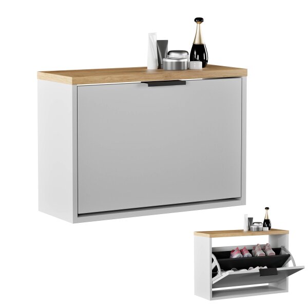 Schuhrank STIVIO 1 Klappe Weiß Grau/Gold Eiche