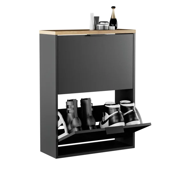 Shoe Cabinet STIVIO 2 Flaps Black/Golden Oak 60 cm