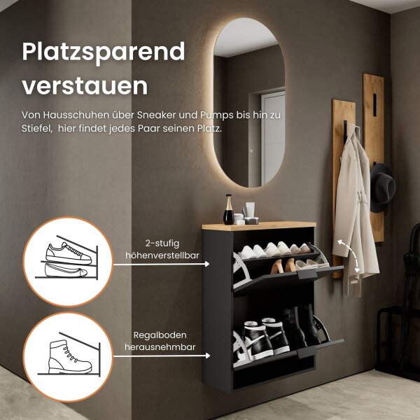 Schuhschrank STIVIO 2 Klappen Schwarz/Gold Eiche