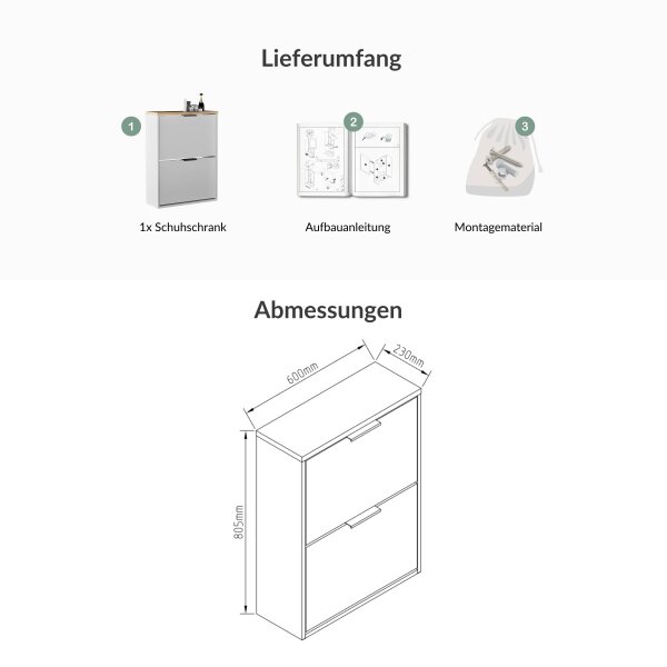 Schuhrank STIVIO 2 Klappen Weißgrau/Gold Eiche