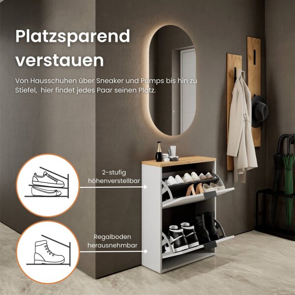 Schuhschrank STIVIO 2 Klappen Weißgrau/Gold Eiche