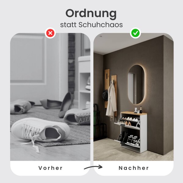 Schuhschrank STIVIO 2 Klappen Weißgrau/Gold Eiche