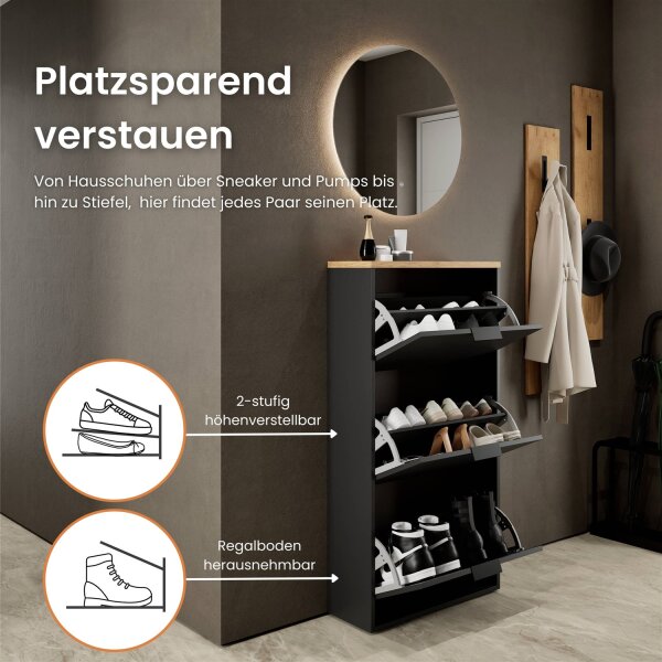 Schuhschrank STIVIO 3 Klappen Schwarz/Gold Eiche