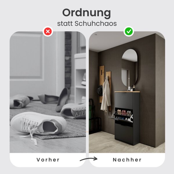 Schuhschrank STIVIO 3 Klappen Schwarz/Gold Eiche