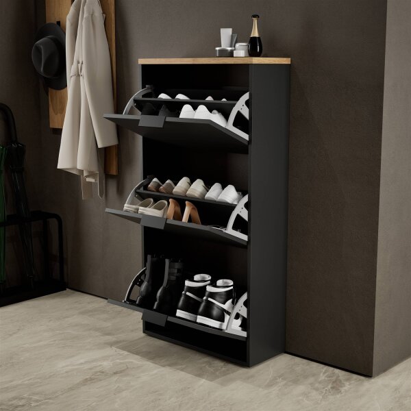 Schuhschrank STIVIO 3 Klappen Schwarz/Gold Eiche