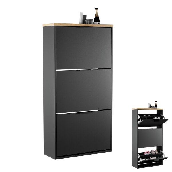 Schuhschrank STIVIO 3 Klappen Schwarz/Gold Eiche