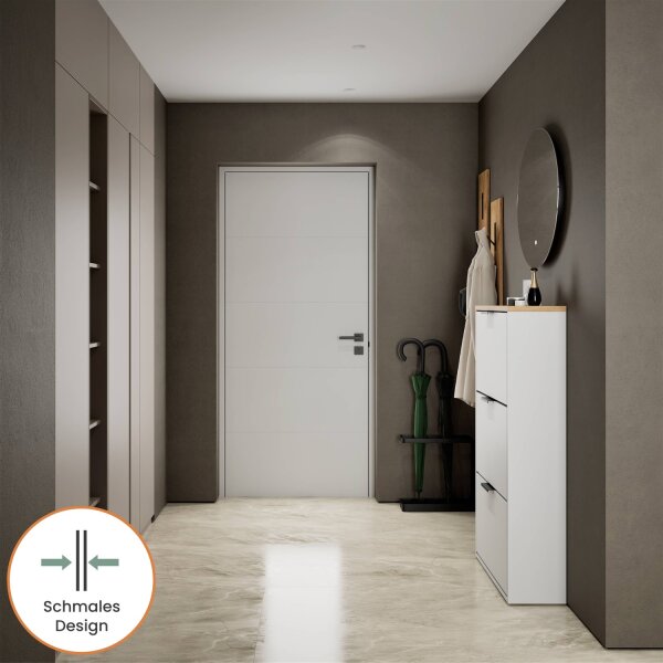 Schuhschrank STIVIO 3 Klappen Weiß Grau / Gold Eiche