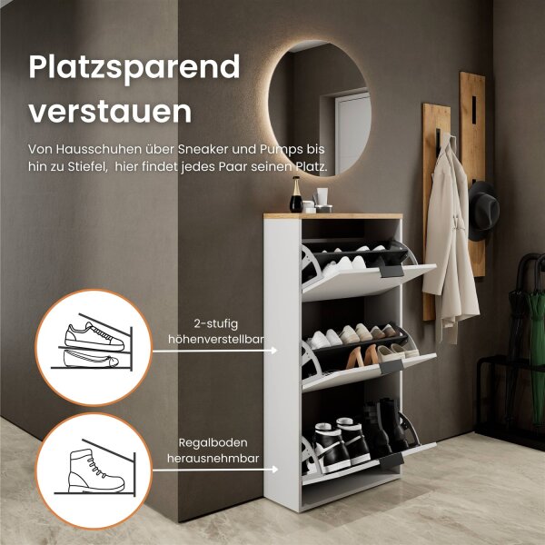 Schuhschrank STIVIO 3 Klappen Weiß Grau / Gold Eiche