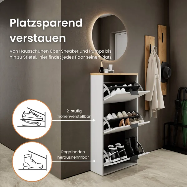 Schuhschrank STIVIO 3 Klappen Weiß Grau / Gold Eiche