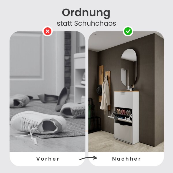 Schuhschrank STIVIO 3 Klappen Weiß Grau / Gold Eiche