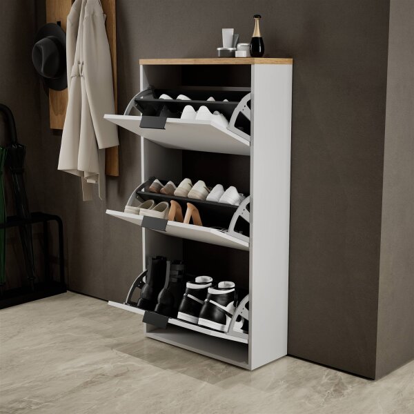 Schuhschrank STIVIO 3 Klappen Weiß Grau / Gold Eiche