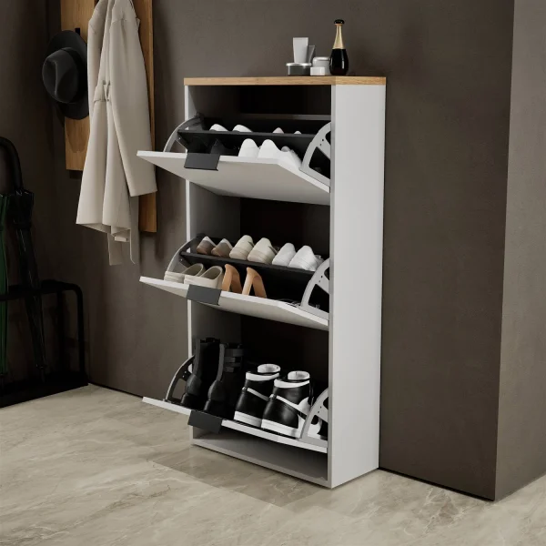 Schuhschrank STIVIO 3 Klappen Weiß Grau / Gold Eiche