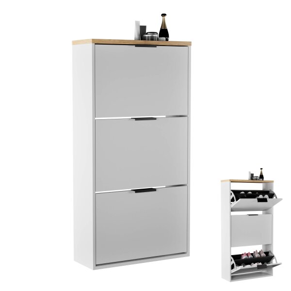 Schuhschrank STIVIO 3 Klappen Weiß Grau / Gold Eiche