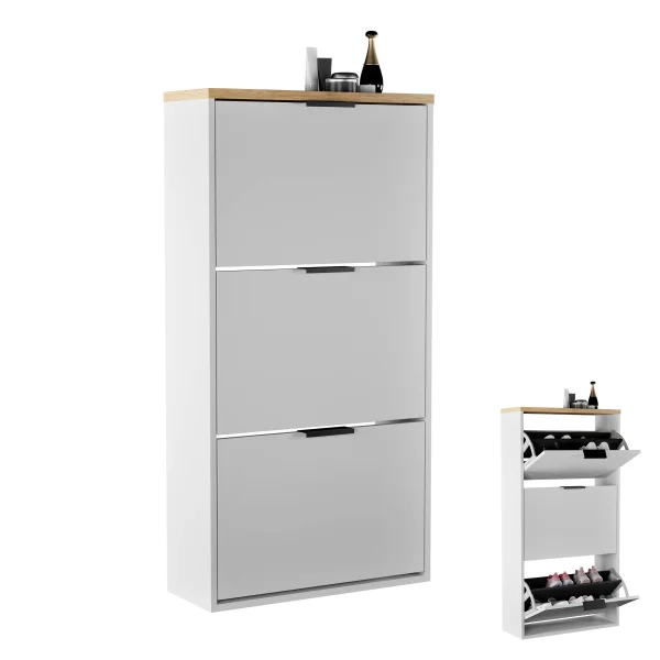 Schuhschrank STIVIO 3 Klappen Weiß Grau / Gold Eiche