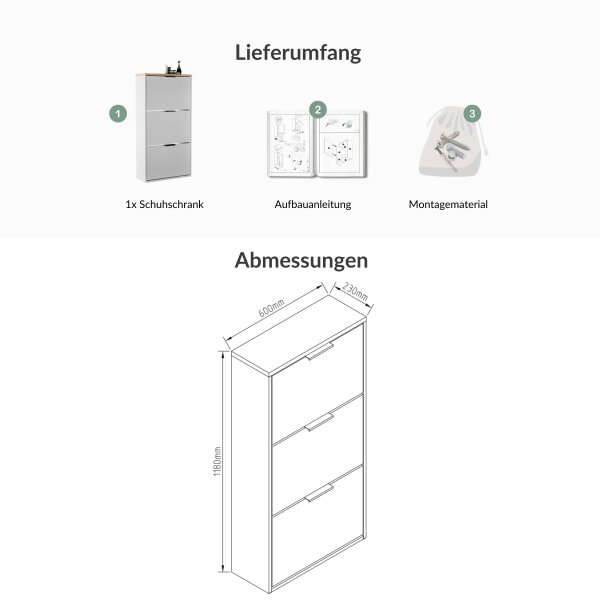 Schuhschrank STIVIO 3 Klappen Weiß Grau / Gold Eiche