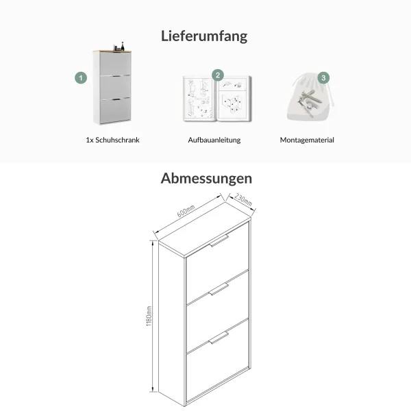 Schuhschrank STIVIO 3 Klappen Weiß Grau / Gold Eiche
