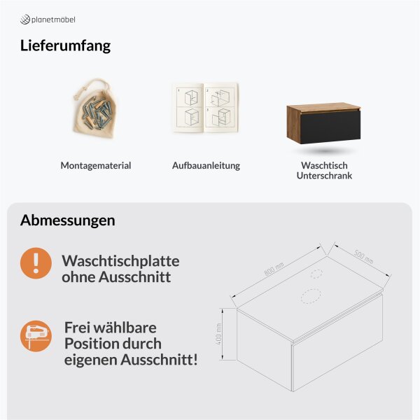 ARISA Waschtischunterschrank 80cm in Gold Eiche / Schwarz