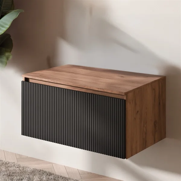 ARISA Waschtischunterschrank 80cm Gold Eiche/Schwarz  (geriffelt)