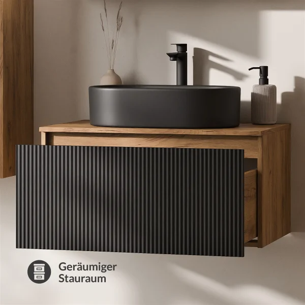 ARISA Waschtischunterschrank 80cm Gold Eiche/Schwarz  (geriffelt)