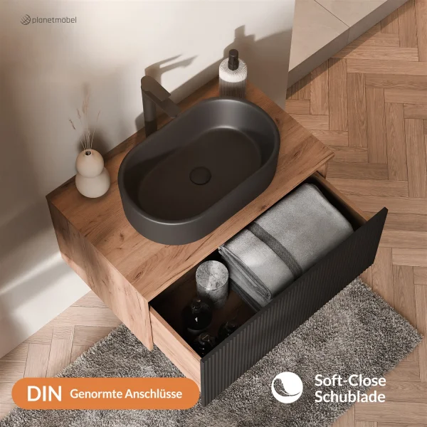 ARISA Waschtischunterschrank 80cm Gold Eiche/Schwarz  (geriffelt)