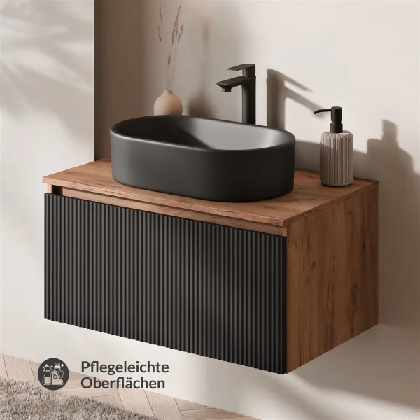 ARISA Waschtischunterschrank 80cm Gold Eiche/Schwarz  (geriffelt)