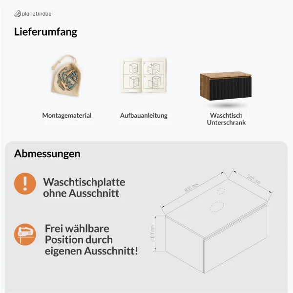 ARISA Waschtischunterschrank 80cm Gold Eiche/Schwarz  (geriffelt)