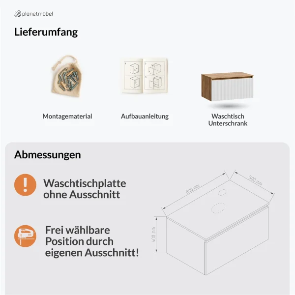 ARISA Waschtischunterschrank 80cm Gold Eiche/Weiß Geriffelt