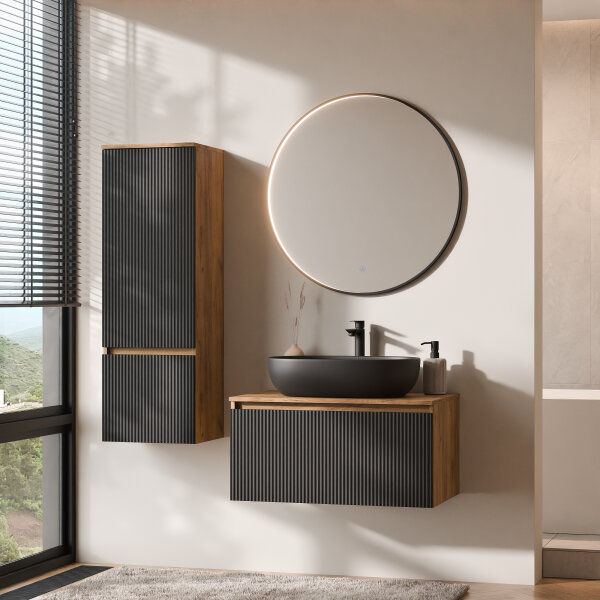 ARISA Hochschrank 120 cm Gold Eiche / Schwarz Geriffelt