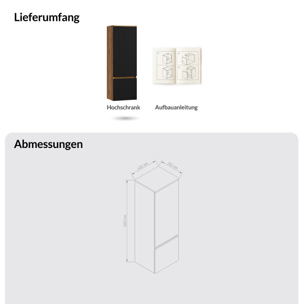 ARISA Hochschrank 120 cm Gold Eiche / Schwarz Geriffelt