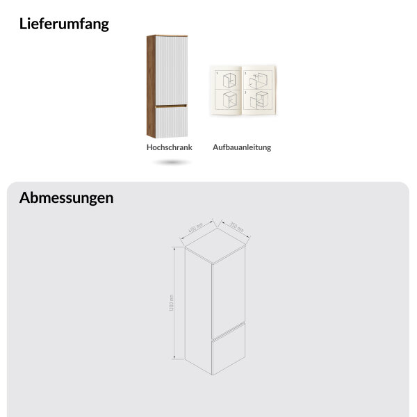 ARISA Hochschrank 120 cm Gold Eiche / Weiß Geriffelt