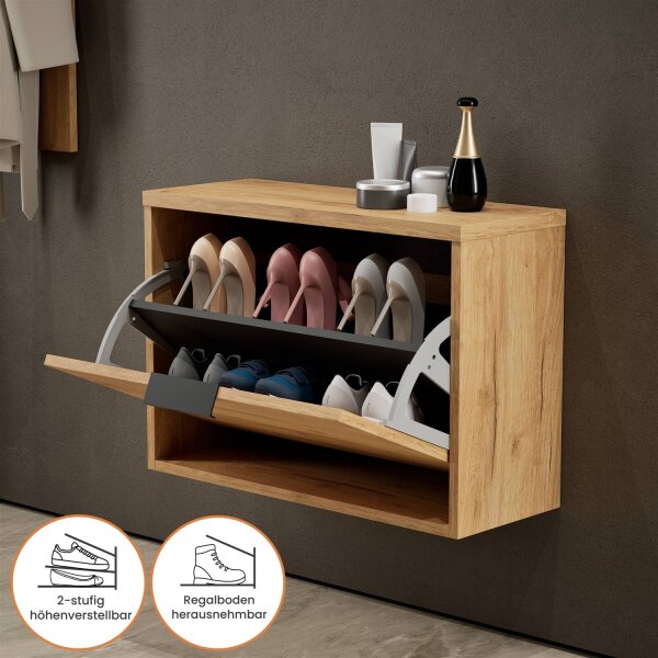 Schuhschrank STIVIO 1 Klappe Gold Eiche 60 cm, LED Spiegel oval mit Rahmen (3 Lichtstufen)