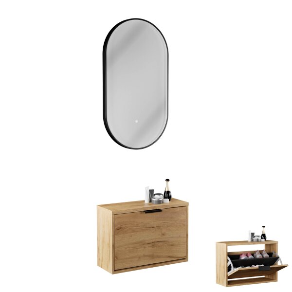 Schuhschrank STIVIO 1 Klappe Gold Eiche 60 cm, LED Spiegel oval mit Rahmen (3 Lichtstufen)