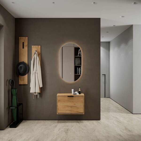 Schuhrank STIVIO 1 Klappe Gold Eiche 60 cm, LED Spiegel oval ohne Rahmen (2 Lichtstufen)