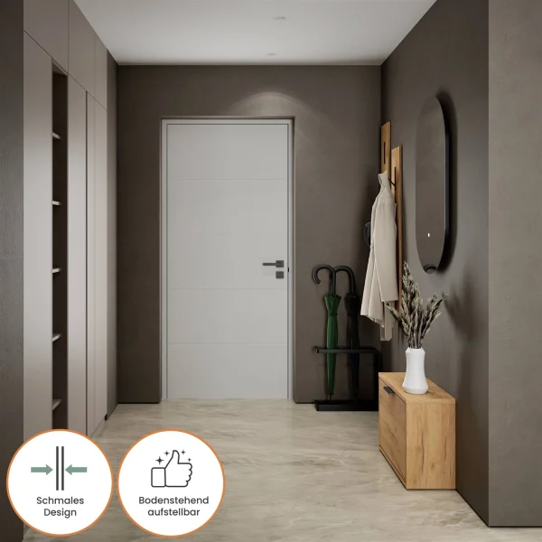 Scapolo per scarpe STIVIO con 1 anta, rovere dorato, 60 cm, specchio ovale a LED senza cornice (2 livelli di illuminazione)