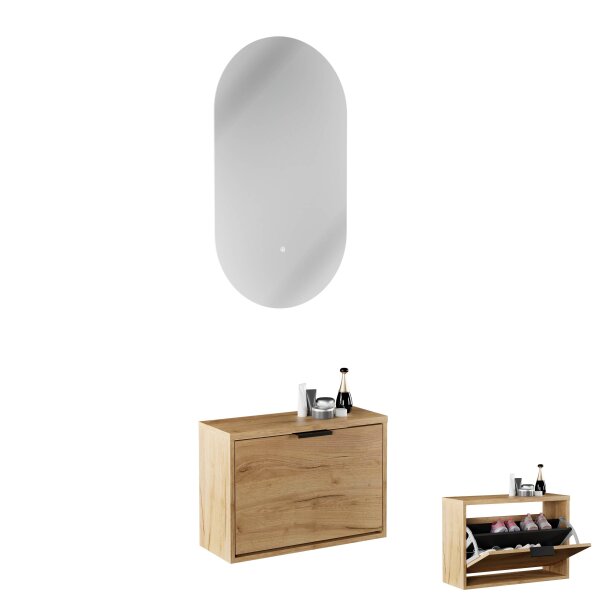 Schuhschrank STIVIO 1 Klappe Gold Eiche 60 cm, LED Spiegel oval ohne Rahmen (2 Lichtstufen)