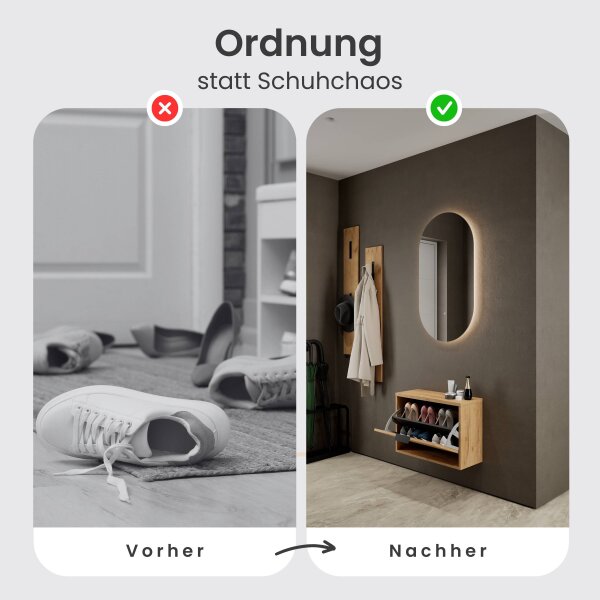 Schuhschrank STIVIO 1 Klappe Gold Eiche 60 cm, LED Spiegel oval ohne Rahmen (2 Lichtstufen)