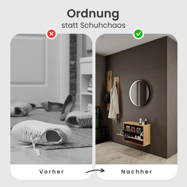 Schuhrank STIVIO 1 Klappe Gold Eiche 60 cm, LED Spiegel rund mit Rahmen (3 Lichtstufen)