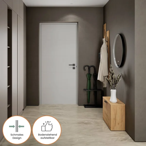 Scarpiera STIVIO con 1 anta, rovere dorato, 60 cm, specchio rotondo con cornice e illuminazione a LED (3 livelli di luminosità)
