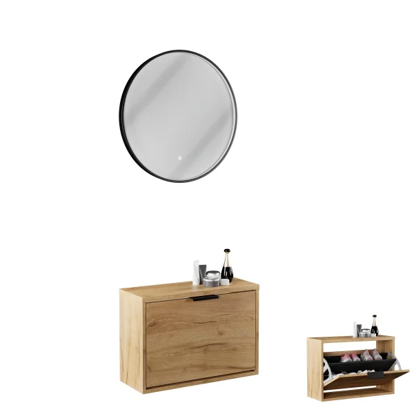 Scarpiera STIVIO con 1 anta, rovere dorato, 60 cm, specchio rotondo con cornice e illuminazione a LED (3 livelli di luminosità)