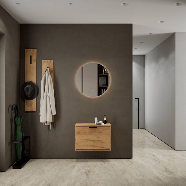 Schuhrank STIVIO 1 Klappe Gold Eiche 60 cm, LED Spiegel rund ohne Rahmen (2 Lichtstufen)