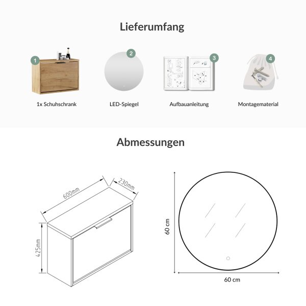 Schuhrank STIVIO 1 Klappe Gold Eiche 60 cm, LED Spiegel rund ohne Rahmen (2 Lichtstufen)