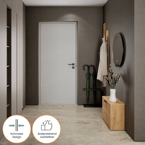 Schuhschrank STIVIO 1 Klappe Gold Eiche 60 cm, LED Spiegel rund ohne Rahmen (2 Lichtstufen)