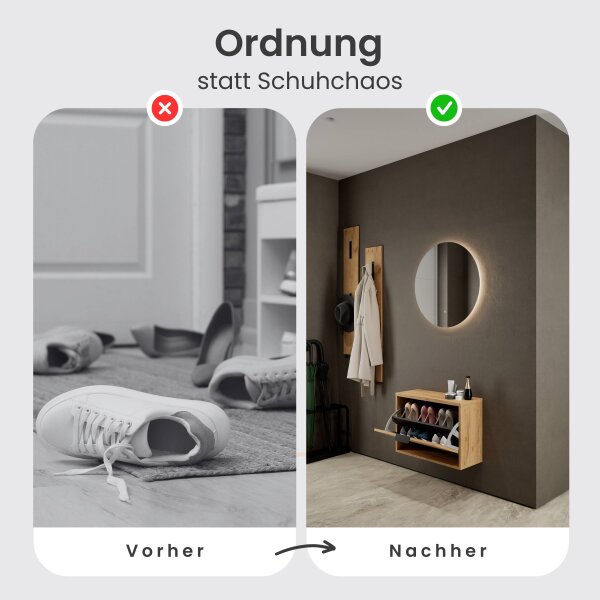 Schuhschrank STIVIO 1 Klappe Gold Eiche 60 cm, LED Spiegel rund ohne Rahmen (2 Lichtstufen)